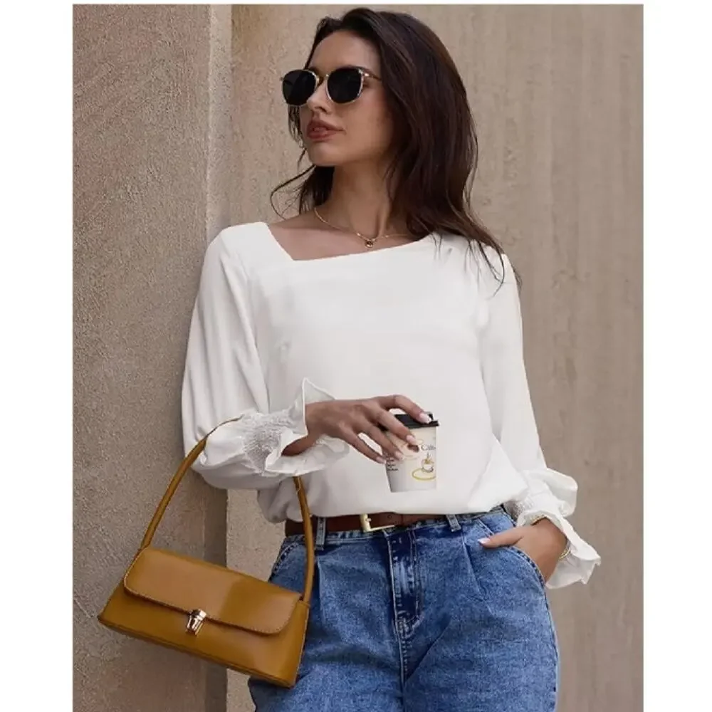 EVALESS Blouses for Women Dressy Casual Pleated Long Sleeve Tops Asymmetrical (S - Picture 4 of 5